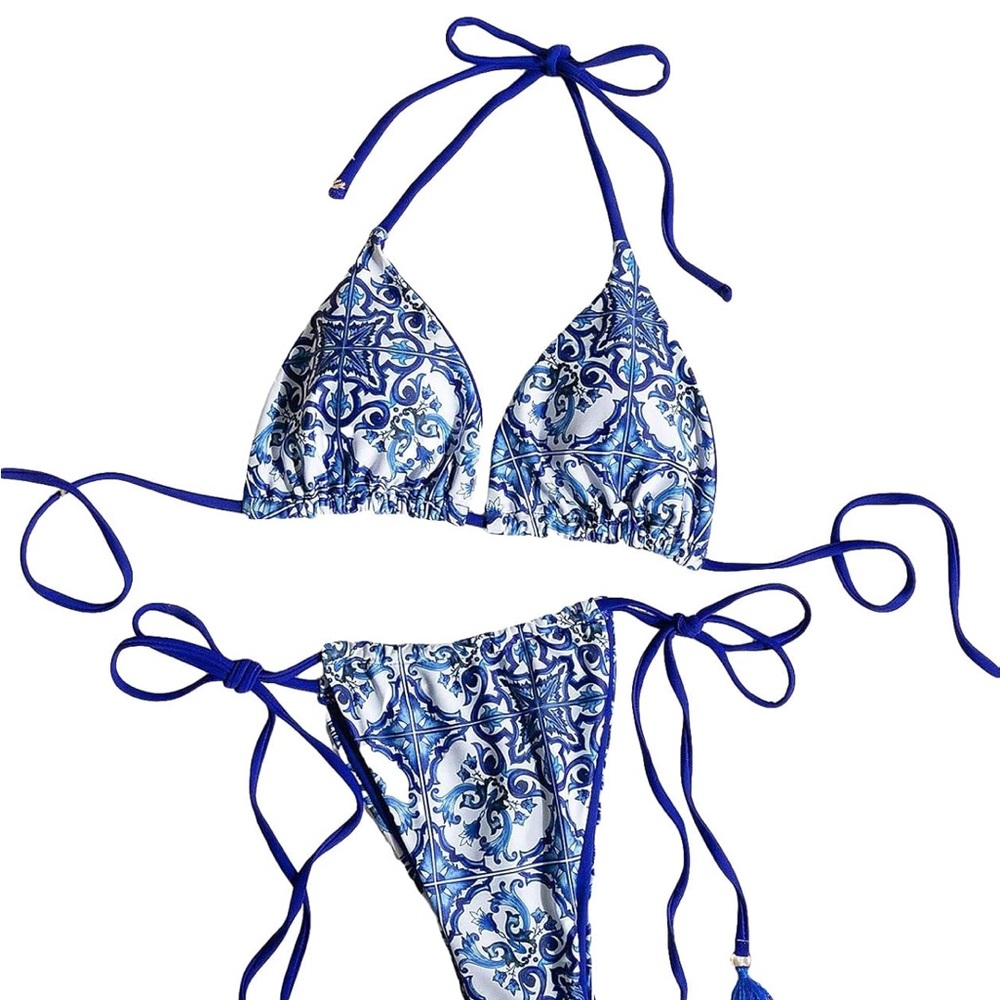 NWOT Blue & White Cheeky Tie Bikini with Tassels, XS